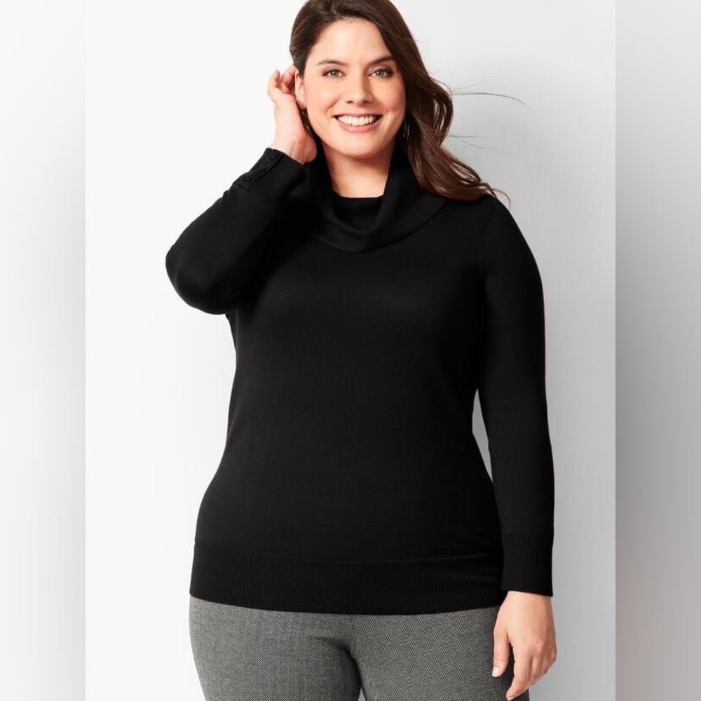 🌟♣️ Talbots Black Merino Button-Cuff Cowlneck Sweater Lp 100% Merino Wool